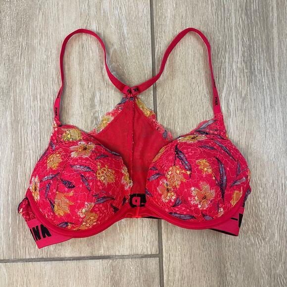 Victoria’s Secret PINK Date Push-Up Bra Floral Lace Underwire Racerback 32C Red - Picture 1 of 11
